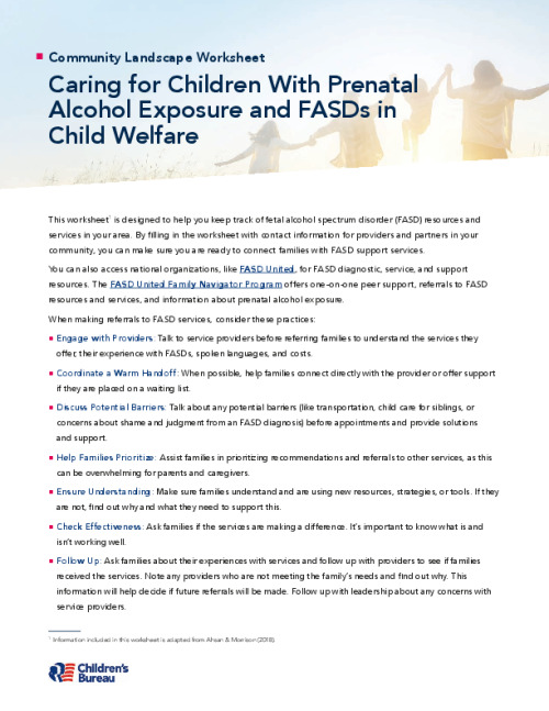 Community Landscape Worksheet: Caring for Children With Prenatal Alcohol Exposure and FASDs in Child Welfare