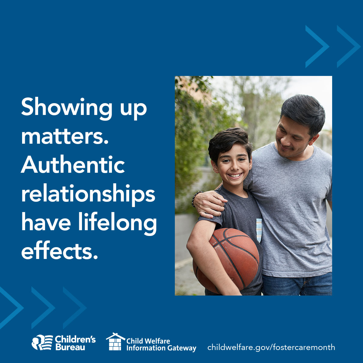 Showing up matters. Authentic relationships have lifelong effects, childwelfare.gov/fostercaremonth/