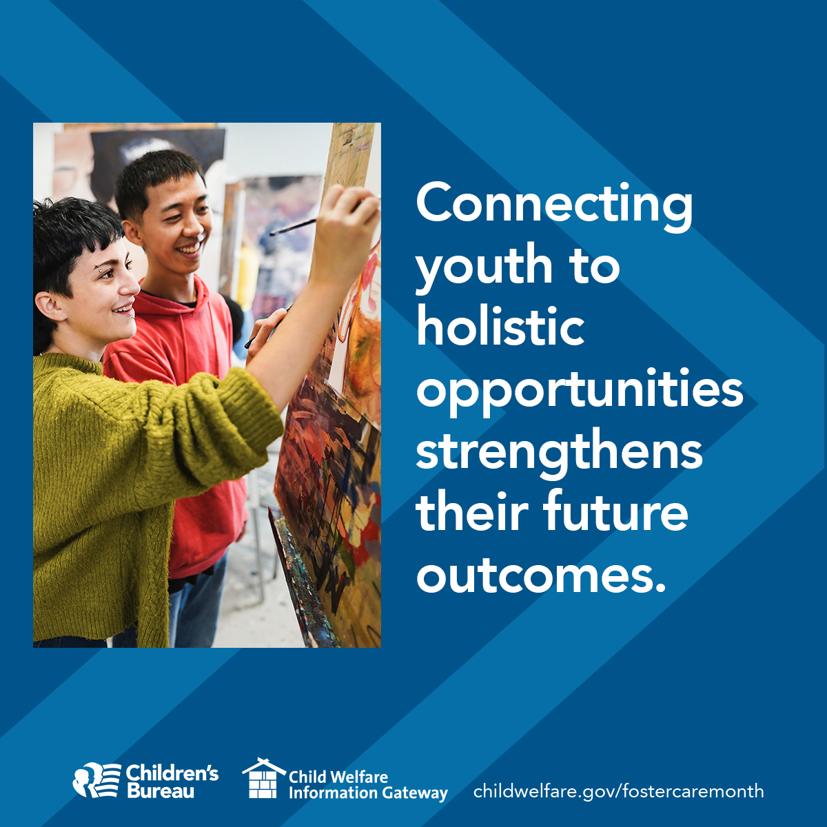 Connecting youth to holistic opportunities strengthens their future outcomes., childwelfare.gov/fostercaremonth/