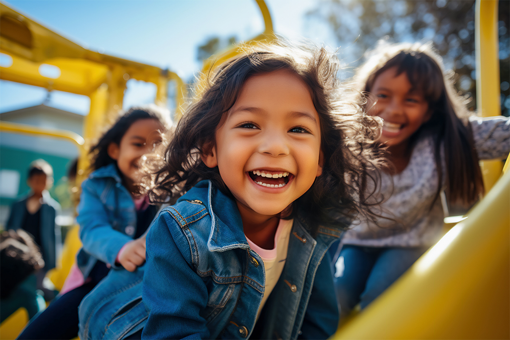 a young girl looking head on smiling with two young girls on a slide at a park behind her laughing