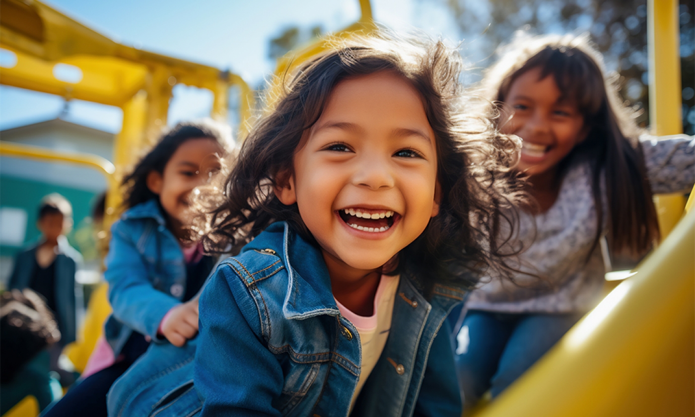 a young girl looking head on smiling with two young girls on a slide at a park behind her laughing