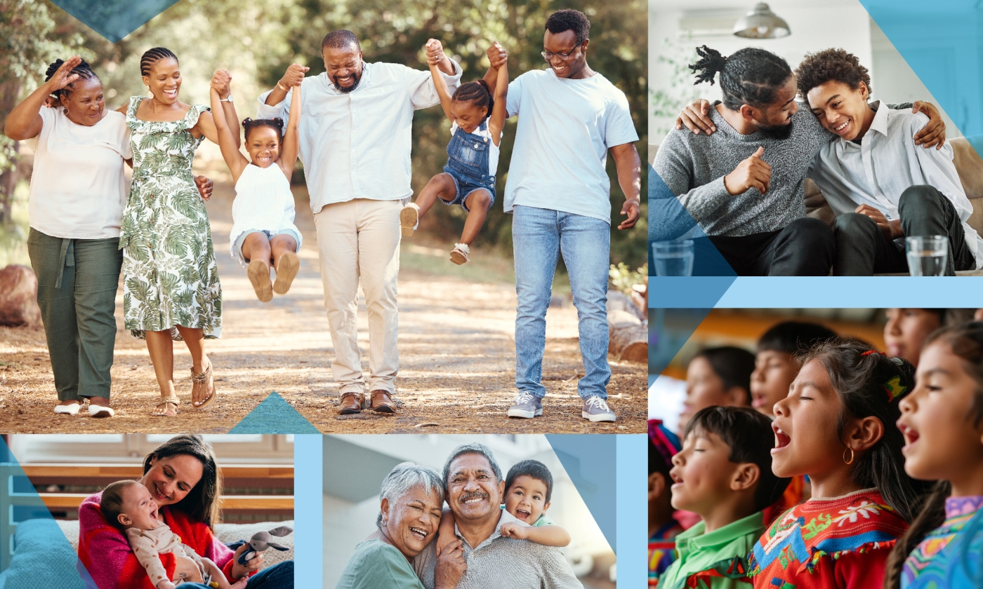 A diverse representation of foster youth with kin caregivers, trusted family friends, and engaging in shared cultural practices.