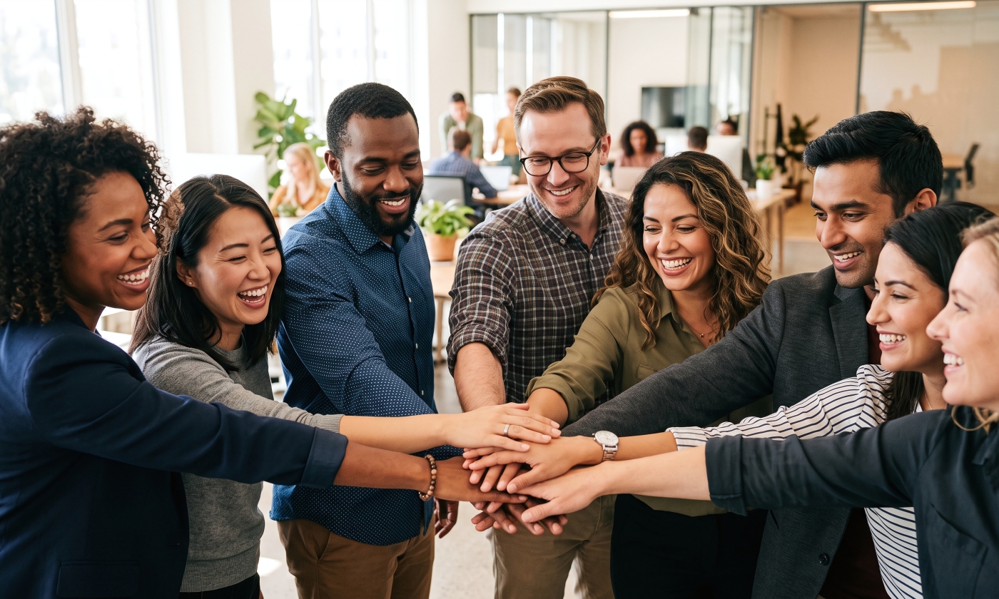 Diverse group of happy coworkers stacking hands together in a modern office