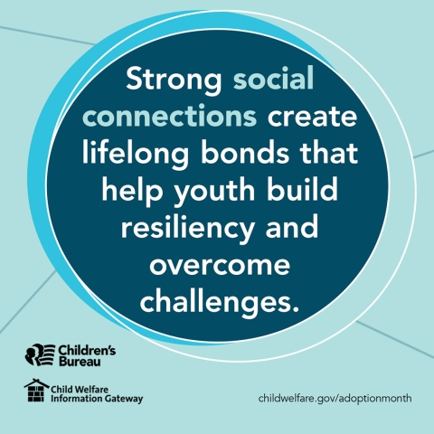 Strong social connections create lifelong bonds that help youth build resiliency and overcome challenges. Children's Bureau, Child Welfare Information Gateway, childwelfare.gov/adoptionmonth
