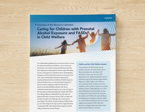 Banner for a child welfare resource on prenatal alcohol exposure and FASDs, showing a family holding hands and jumping.
